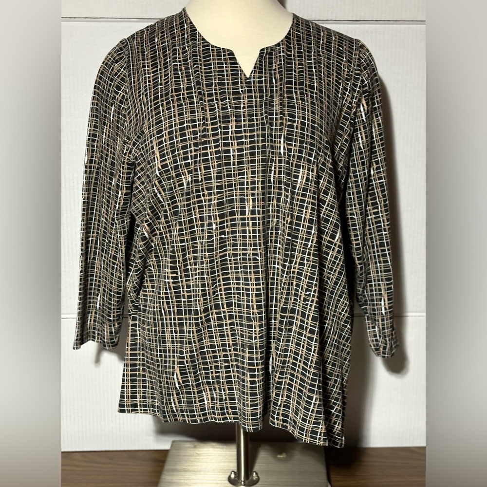 Ulla Popken sz 28/30 women’s top, tan brown & black design 3/4 length sl…